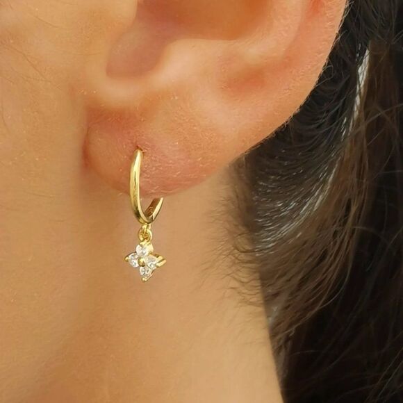 Dainty Crystal Flower Charm Hoop Earrings in Gold - Picture 7 of 13
